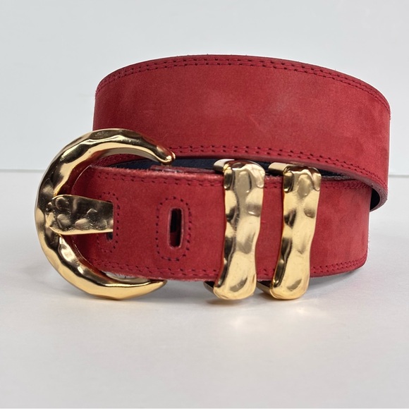 Express Red Suede Wide Retro Belt Curved Hammered Gold Buckle & Hardware Size M - Picture 12 of 13